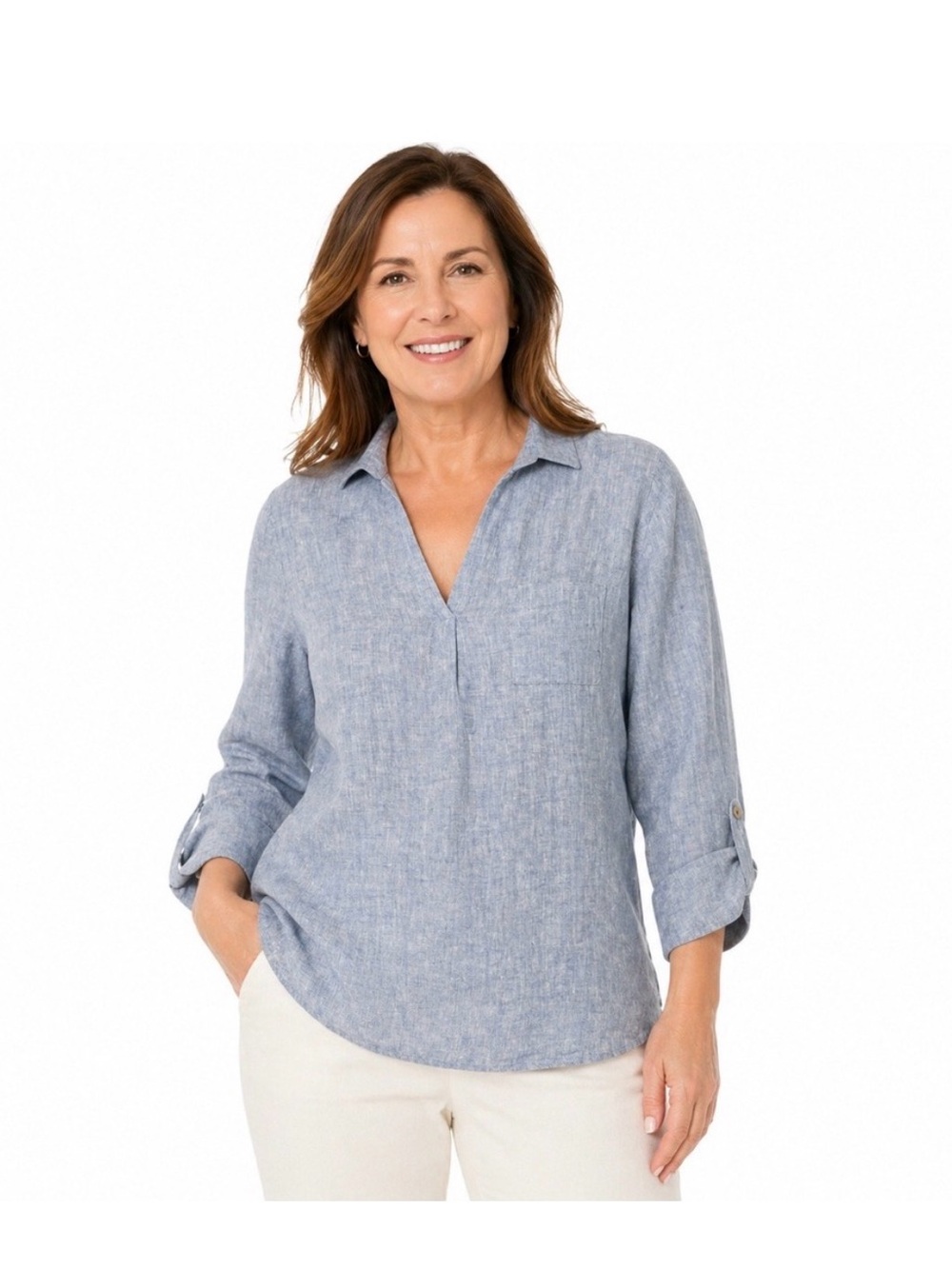 J. Jill Love Linen Collared Popover Tunic Top in Blue Chambray XS S EUC